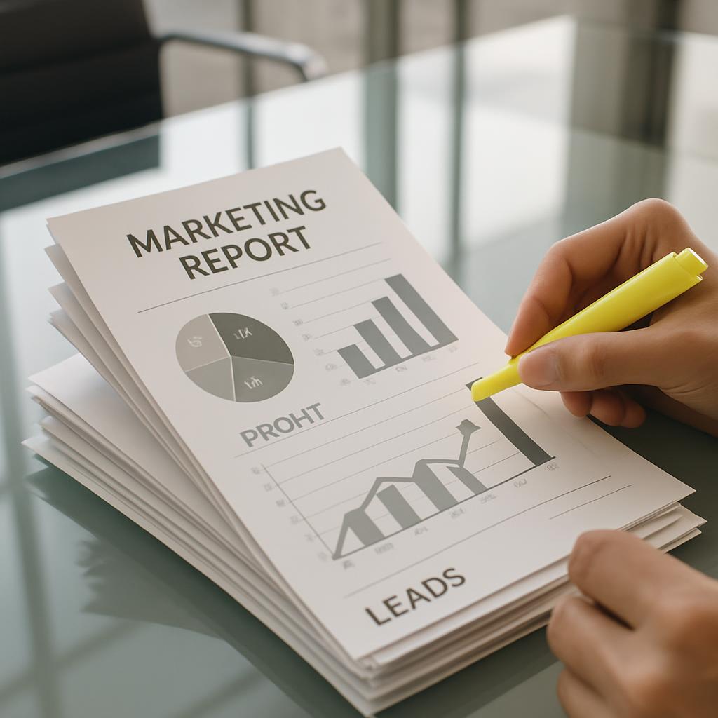 Marketing report, graph, pie chart, leads, profit.