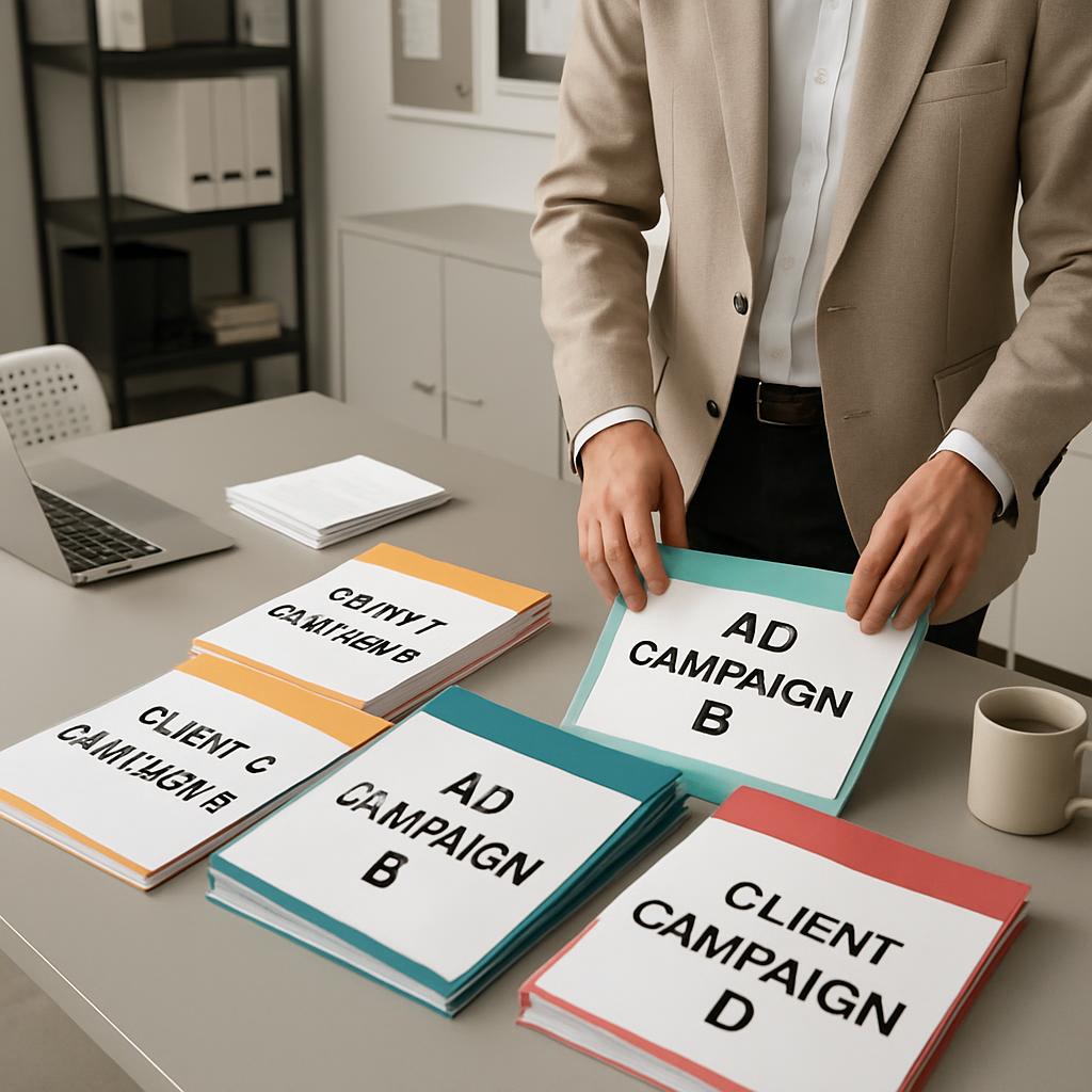 A man in a business casual tan suit holding a sign that reads "AD CAMPAIGN B" among stacks of folders labeled with differe...